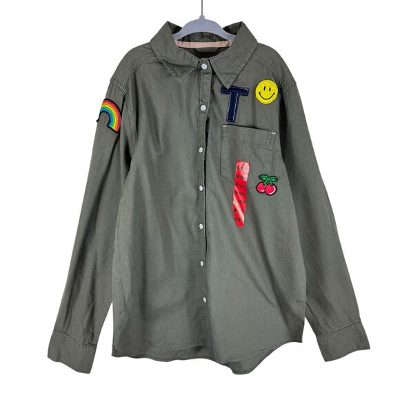 Tractr NWT Army Green Long Sleeve Snap Up Shirt Patches Cotton Girls Size 10 12 - Picture 1 of 9